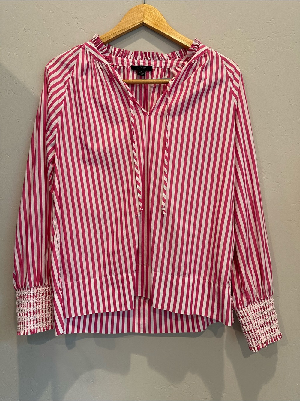 J. Crew Pink and White Striped Peasant Blouse